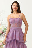 Purple A Line Spaghetti Straps Tulle Corset Tiered Wedding Guest Dress