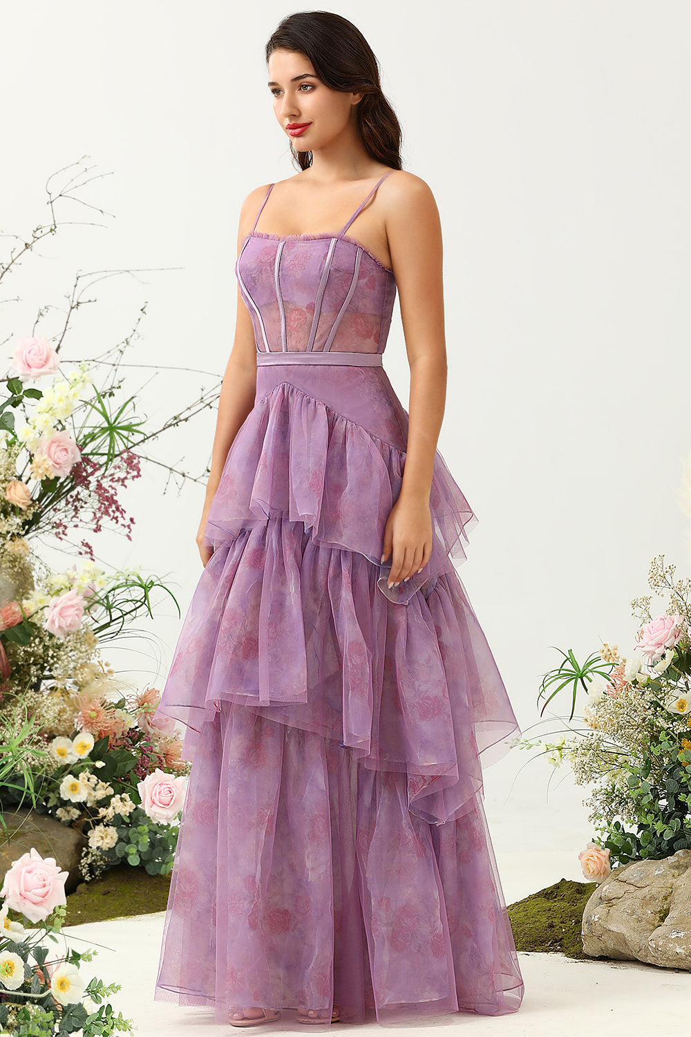 Light Purple Tulle Spaghetti Straps Convertible Tie Back Long