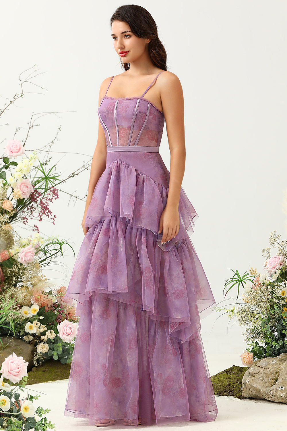 Purple A Line Spaghetti Straps Tulle Corset Tiered Wedding Guest Dress