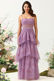 Purple A Line Spaghetti Straps Tulle Corset Tiered Wedding Guest Dress