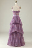 Purple A Line Spaghetti Straps Tulle Corset Tiered Wedding Guest Dress