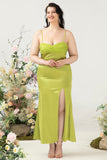 Lemon Green Mermaid draping Bust Satin Plus Size Wedding Guest with Slit
