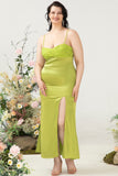 Lemon Green Mermaid draping Bust Satin Plus Size Wedding Guest with Slit