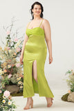 Lemon Green Mermaid draping Bust Satin Plus Size Wedding Guest with Slit