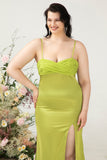 Lemon Green Mermaid draping Bust Satin Plus Size Wedding Guest with Slit