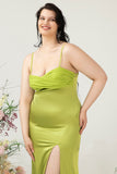 Lemon Green Mermaid draping Bust Satin Plus Size Wedding Guest with Slit