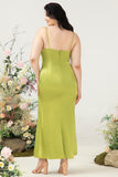 Lemon Green Mermaid draping Bust Satin Plus Size Wedding Guest with Slit