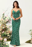 Green Sheath Spaghetti Straps Print Satin Bridesmaid Dress