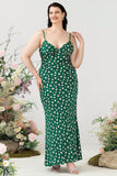 Green Sheath Spaghetti Straps Print Satin Bridesmaid Dress