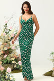 Green Sheath Spaghetti Straps Print Satin Bridesmaid Dress