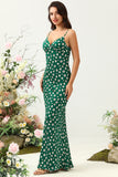 Green Sheath Spaghetti Straps Print Satin Bridesmaid Dress