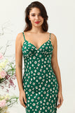 Green Sheath Spaghetti Straps Print Satin Bridesmaid Dress