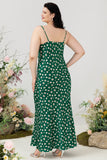 Green Sheath Spaghetti Straps Print Satin Plus Size Slip Dress