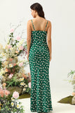 Green Sheath Spaghetti Straps Print Satin Bridesmaid Dress