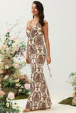 Brown Mermaid Printed Floor Length Satin Bridesmaid Dress with Open Back