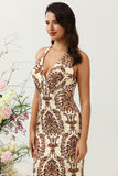 Brown Mermaid Printed Floor Length Satin Bridesmaid Dress with Open Back