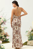 Brown Mermaid Printed Floor Length Satin Bridesmaid Dress with Open Back