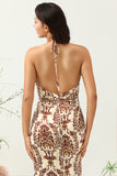 Brown Mermaid Printed Floor Length Satin Bridesmaid Dress with Open Back