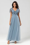 A-Line V Neck Embroidered Tulle Dusty Pink Bridesmaid Dress with Beading