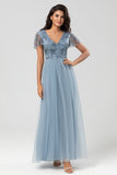 A-Line V Neck Embroidered Tulle Dusty Blue Bridesmaid Dress with Beading