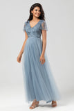 A-Line V Neck Embroidered Tulle Dusty Blue Bridesmaid Dress with Beading