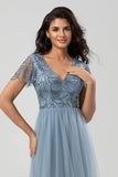 A-Line V Neck Embroidered Tulle Dusty Blue Bridesmaid Dress with Beading