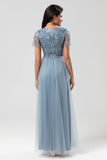 A-Line V Neck Embroidered Tulle Dusty Blue Bridesmaid Dress with Beading