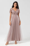 A-Line V Neck Embroidered Tulle Dusty Blue Bridesmaid Dress with Beading