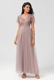 A-Line V Neck Embroidered Tulle Dusty Blue Bridesmaid Dress with Beading