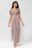 A-Line V Neck Embroidered Tulle Dusty Pink Bridesmaid Dress with Beading