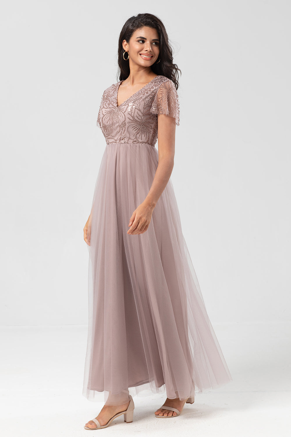 A-Line V Neck Embroidered Tulle Dusty Pink Bridesmaid Dress with Beading