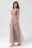 A-Line V Neck Embroidered Tulle Dusty Blue Bridesmaid Dress with Beading