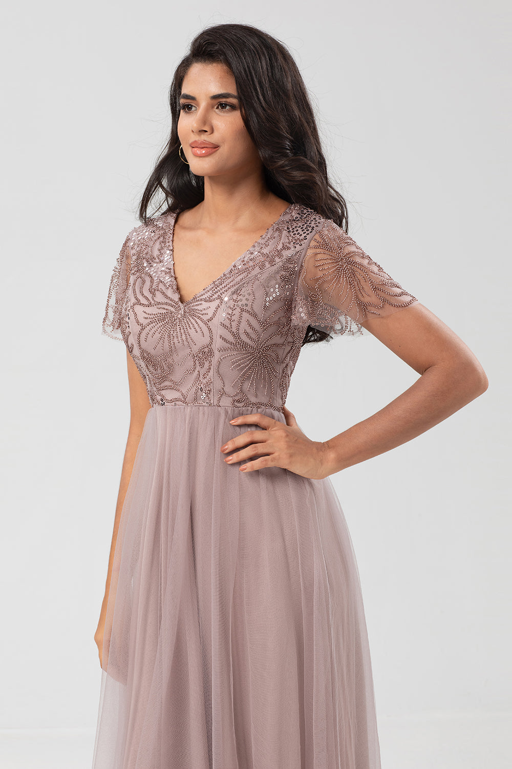 A-Line V Neck Embroidered Tulle Dusty Pink Bridesmaid Dress with Beading