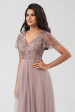 A-Line V Neck Embroidered Tulle Dusty Blue Bridesmaid Dress with Beading