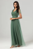 Tulle A-Line Beaded Embroidered Tulle Twilight Bridesmaid Dress