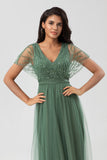 Tulle A-Line Beaded Embroidered Tulle Twilight Bridesmaid Dress