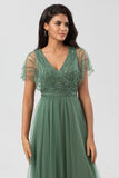 Tulle A-Line Beaded Embroidered Tulle Twilight Bridesmaid Dress