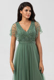 Tulle A-Line Beaded Embroidered Tulle Eucalyptus Bridesmaid Dress