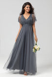 Tulle A-Line Beaded Embroidered Tulle Twilight Bridesmaid Dress