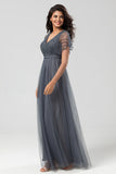 Tulle A-Line Beaded Embroidered Tulle Twilight Bridesmaid Dress