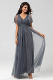 Tulle A-Line Beaded Embroidered Tulle Twilight Bridesmaid Dress