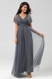 Tulle A-Line Beaded Embroidered Tulle Eucalyptus Bridesmaid Dress