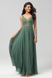 A-Line V Neck Beaded Long Twilight Bridesmaid Dress