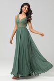 A-Line V Neck Beaded Long Twilight Bridesmaid Dress