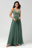 A-Line V Neck Beaded Long Twilight Bridesmaid Dress