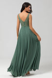 A-Line V Neck Beaded Long Twilight Bridesmaid Dress