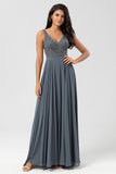 A-Line V Neck Beaded Long Twilight Bridesmaid Dress