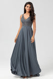 A-Line V Neck Beaded Long Twilight Bridesmaid Dress