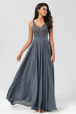 A-Line V Neck Beaded Long Twilight Bridesmaid Dress