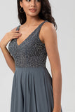 A-Line V Neck Beaded Long Twilight Bridesmaid Dress